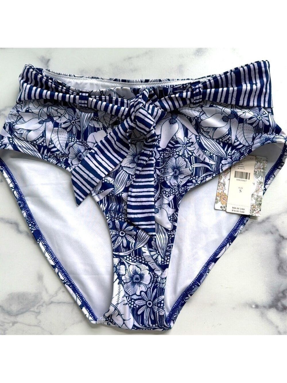 Alana Gunn for Anthropologie High Waist Bikini Bottom Blue White Small NWT